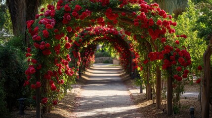 Fototapeta premium A dreamy garden pathway with vibrant red rose vines climbing over elegant wooden arches.