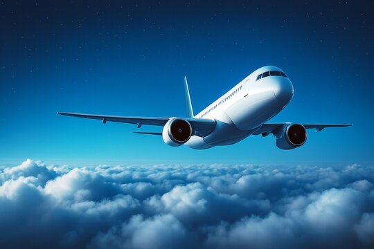 Airplane flying above clouds at night sky with stars, symbolizing travel, flight, and tourism concepts in stunning light blue background.