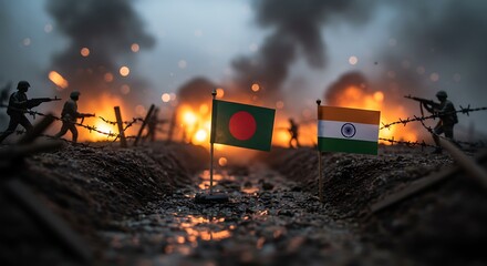 Conceptual War Scene Featuring Bangladesh and India Flags Amidst Conflict