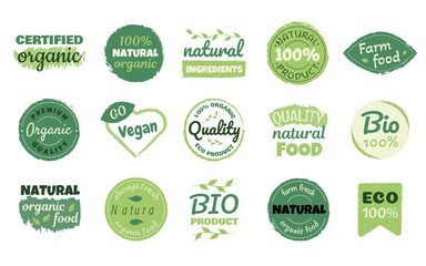 Organic food, bio, eco, vegan and natural product. Set of organic food label, icons, logos. Set for food market, ecommerce, organic products packaging, healthy life promotion, restaurant.