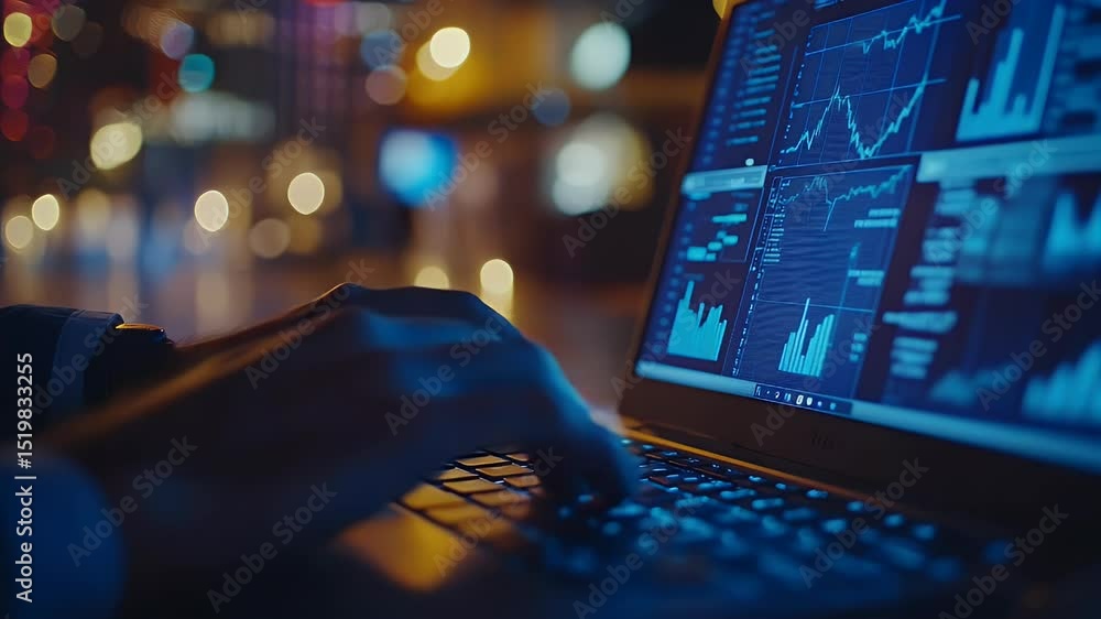Poster hands typing on a laptop with financial data displayed