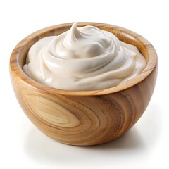 wooden bowl of sour cream isolated on white background
