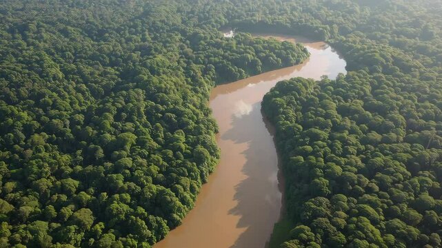 Amazon rainforest winding river through lush green canopy