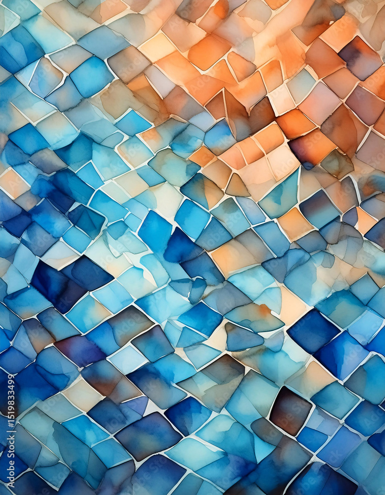 Poster a colorful mosaic pattern with wavy lines and squares. generative ai.