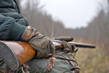Fototapeta premium Hunter with old Hunting Rifle waiting for Pray in the Woods. Generative Ai