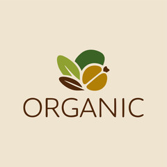 A minimalist organic food logo highlighting a single green leaf alongside an assortment of fresh produce, emphasizing purity and natural ingredients in a stylish and modern way.