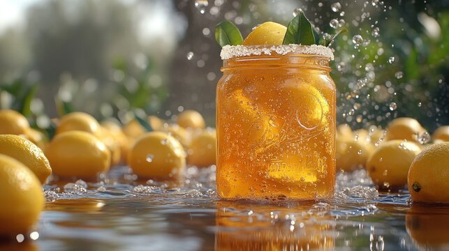 Refreshing iced tea in a mason jar, surrounded by lemons and splashing water