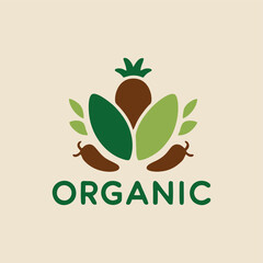 A cheerful organic food logo design depicting happy fruits and vegetables in a playful arrangement, promoting nutrition and community well-being in a fun and engaging style.