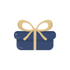 Vector dark blue gift box with yellow bow in hand drawn style on white background. Festive clipart for Christmas, New Year, cards, stickers, and printable designs.