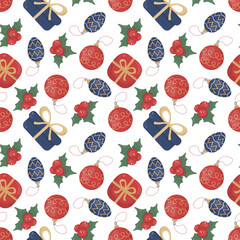 Seamless Christmas pattern with gift boxes, ornaments, and holly on white background. Bright festive clipart design for wrapping paper, cards, fabric, and holiday decor.