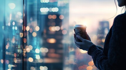 Businesswoman holding a smartphone and coffee cup