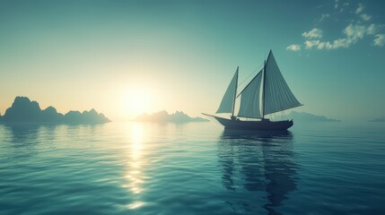 Fototapeta premium A sailboat cutting through calm azure waters, sun reflecting off its white sails with distant islands on the horizon