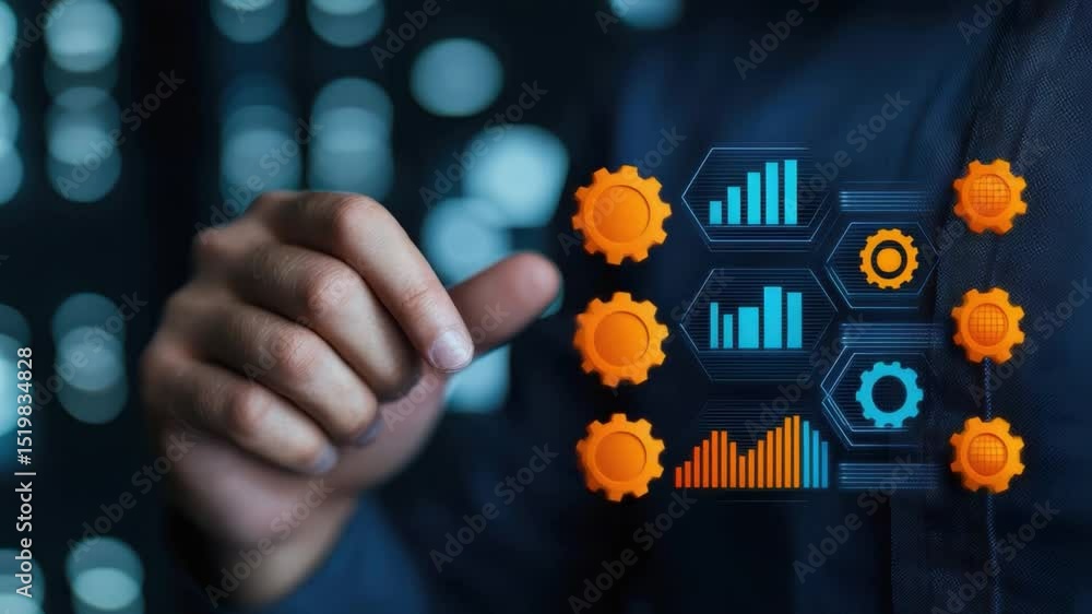 Poster business professional using digital interface with analytical graphics and data visualization elemen
