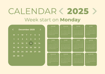 Calendar 2025 application style and the week starts on Monday