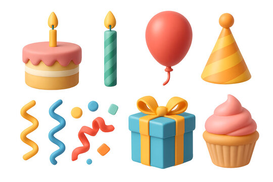 Festive 3D renderings of birthday party elements including cake, candles, balloons, confetti, a party hat, gift, and cupcake