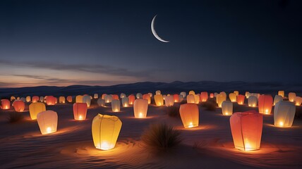 Illuminated Desert Night: Sky Lanterns Under a Crescent Moon