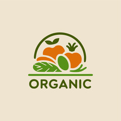 A minimalist organic food logo highlighting a simple green leaf alongside fresh produce, emphasizing purity and natural ingredients in a sleek and contemporary manner.