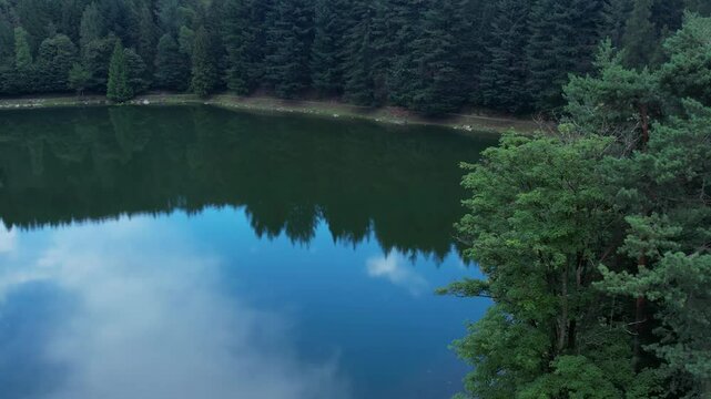 Aerial Scenic view Meugliano Lake in Val di Chy or Valchiusella, near Brosso town, Ivrea