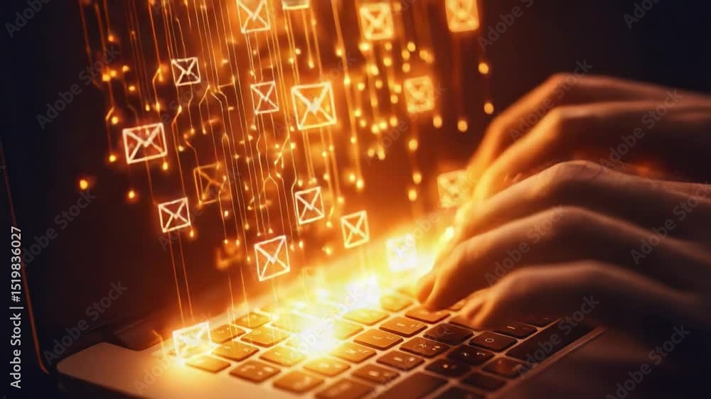 Poster hands typing on laptop with digital email icons and light trails in a dark background