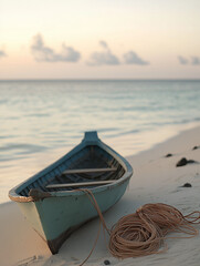 Wooden Handmade Fishing Boat Moored on Coastal Sand Near the Water