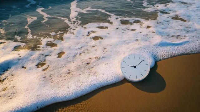 Clock on sandy beach with ocean waves symbolizing time and nature's beauty, a serene moment captured in bright daylight 4k video footage