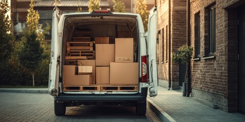 A High Resolution image of white van full of moving boxes parked in front of house. Moving service, home relocation concept. Cardboard boxes inside van. Residential moving business.