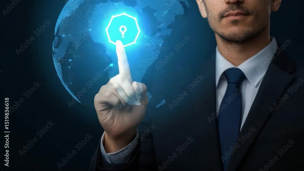 Poster man in suit touching digital interface with question mark symbol representing curiosity and inquiry 
