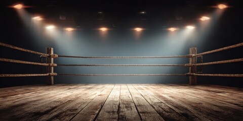 Obraz premium A High Resolution image of empty wrestling ring arena with bright spotlights shining down. Wooden floor, ropes, posts. Concept of competition, fighting, championship. Interior with dark.