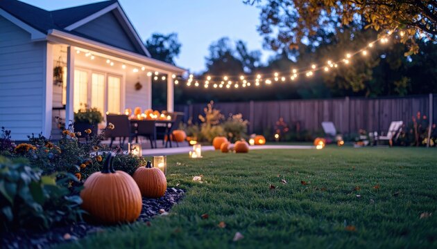 Outdoor Halloween Setup. Cozy autumn backyard with pumpkins and string lights, creating a warm and inviting atmosphere for outdoor gatherings.
