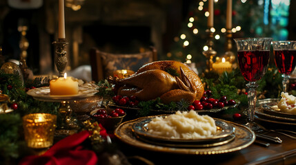 Thanksgiving feast: An exquisite holiday table with turkey, wine and warm candlelight