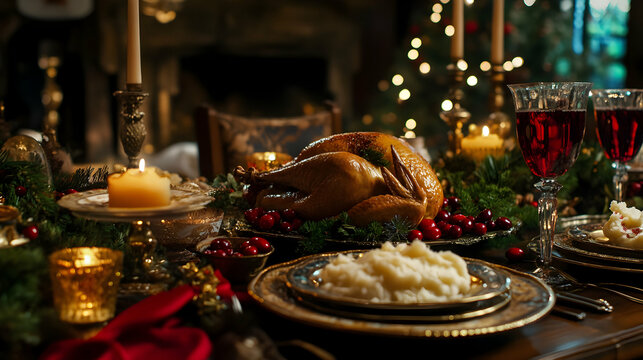 Thanksgiving feast: An exquisite holiday table with turkey, wine and warm candlelight - Powered by Adobe