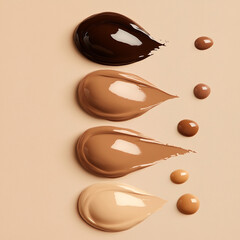 Makeup foundation shades swatches demonstrating diverse skin tones and color options on a beige background for beauty and cosmetics marketing concepts