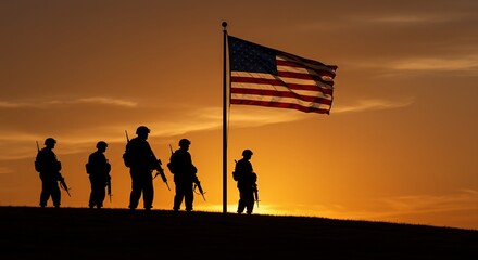 Three Soldiers Saluting Under American Flag at Sunset &ndash; Memorial Day Visual