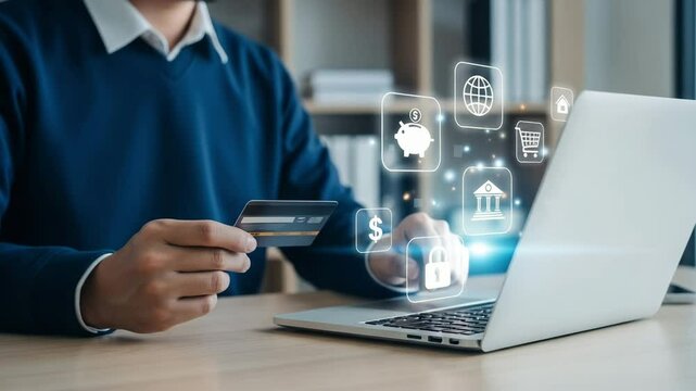 Man holding credit card in front of laptop with digital online banking and shopping icons overlayed