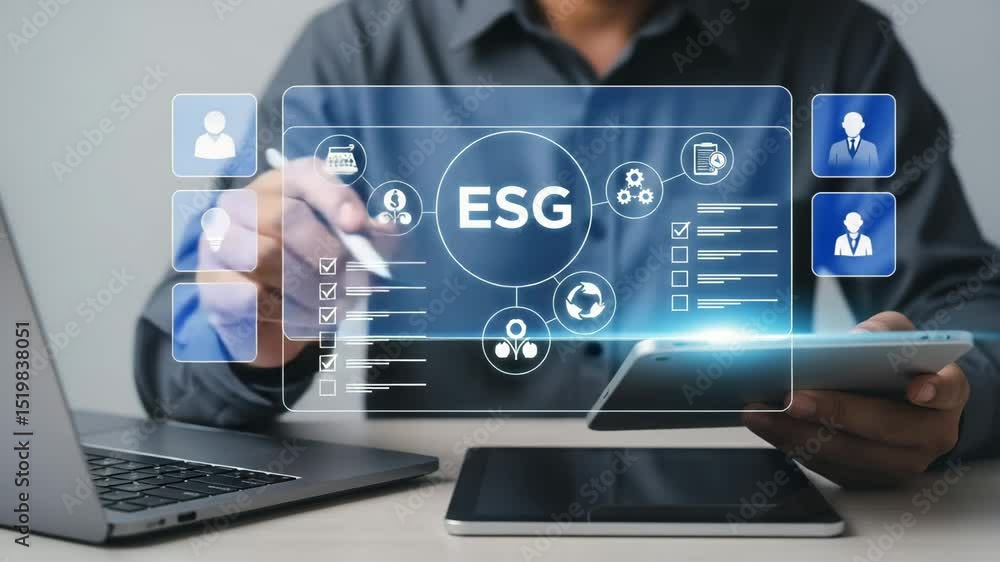Poster man interacting with esg interface on tablet with laptop and phone on desk in gray shirt