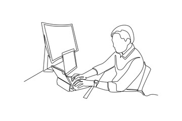 Continuous line drawing of businessman working on computer and tablet
