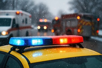 Emergency Responders Race Against Time Amidst a Snowy Blizzard, Featuring Police, Firetruck, and Ambulance Vehicles