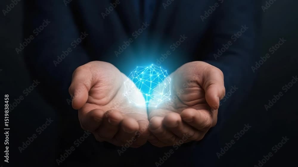 Poster person holding digital crystal in hands with illuminated geometric pattern representing innovation a