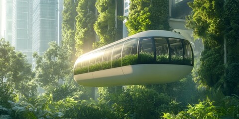 Futuristic Eco Transport in Green Vertical City

