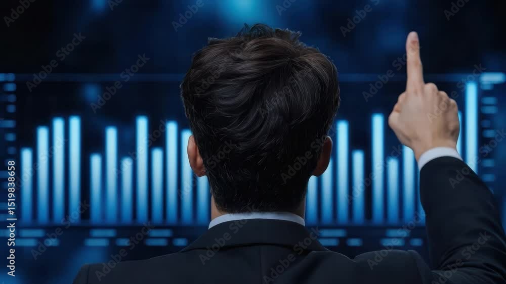 Poster businessman analyzing financial data on digital screen with stock market graphs and indicators in ba