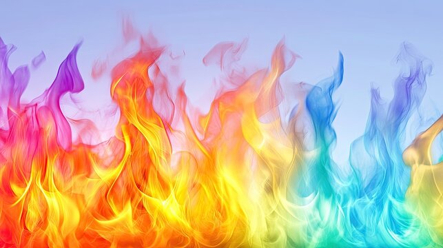 Vibrant rainbow flames against a light blue backdrop