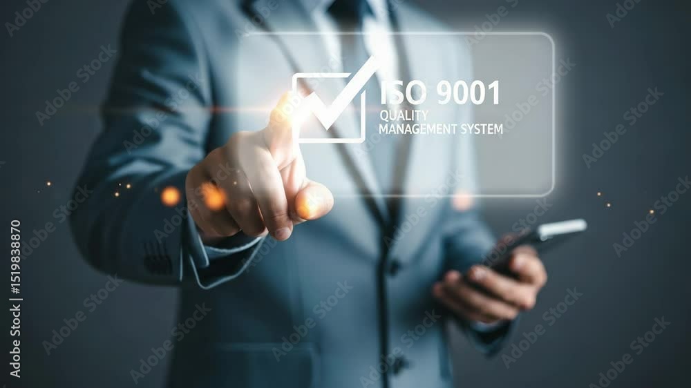 Leinwandbilder man in suit pointing at iso quality management system with phone in hand on a dark background