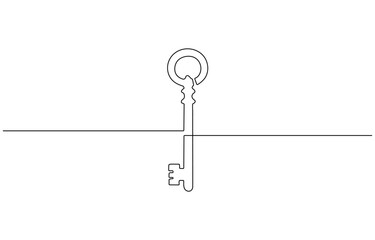 Continuous One line drawing of Antique Key. Symbolizing mystery with a minimalistic key design, Security concept continuous line art. Editable outline.