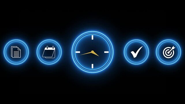Time Management and Business Productivity Concept on the transparent background. with Clock, Calendar, Goal Setting, Checklist, and Task Planning for Efficient Work. 4k video animation. 