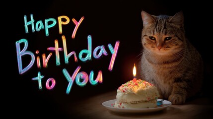 Cute cat celebrating a birthday with a lit cake and glowing neon text.


