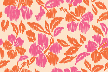 Orange and pink floral ikat pattern with tropical hibiscus flowers and leafy design on soft beige background, seamless textile repeat for summer fabric, wallpaper, or decor.