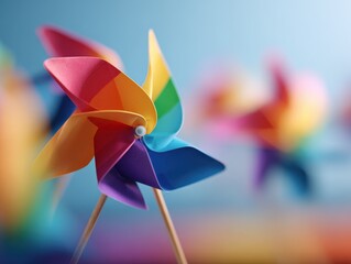 A colorful pinwheel in rainbow hues spinning in soft focus, symbolizing joy, diversity, and childhood playfulness.