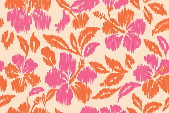 Orange and pink floral ikat pattern with tropical hibiscus flowers and leafy design on soft beige background, seamless textile repeat for summer fabric, wallpaper, or decor.