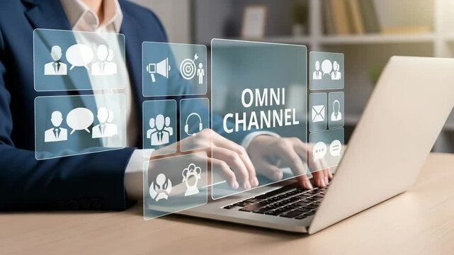 Person typing on laptop with omni channel icons displayed above the keyboard and a blue suit jacket
