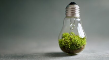 A clear lightbulb filled with soil and green moss represents an eco-friendly and sustainable energy concept.